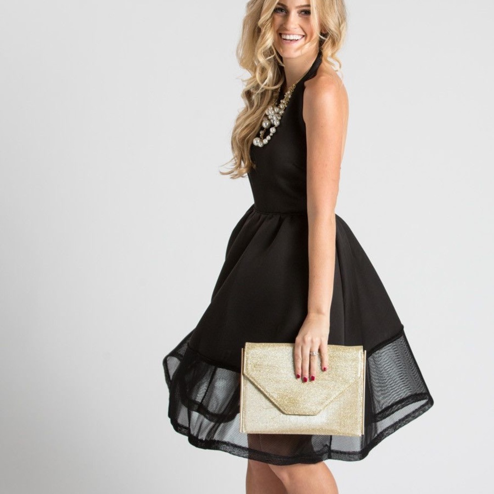 Black scuba mesh halter midi dress